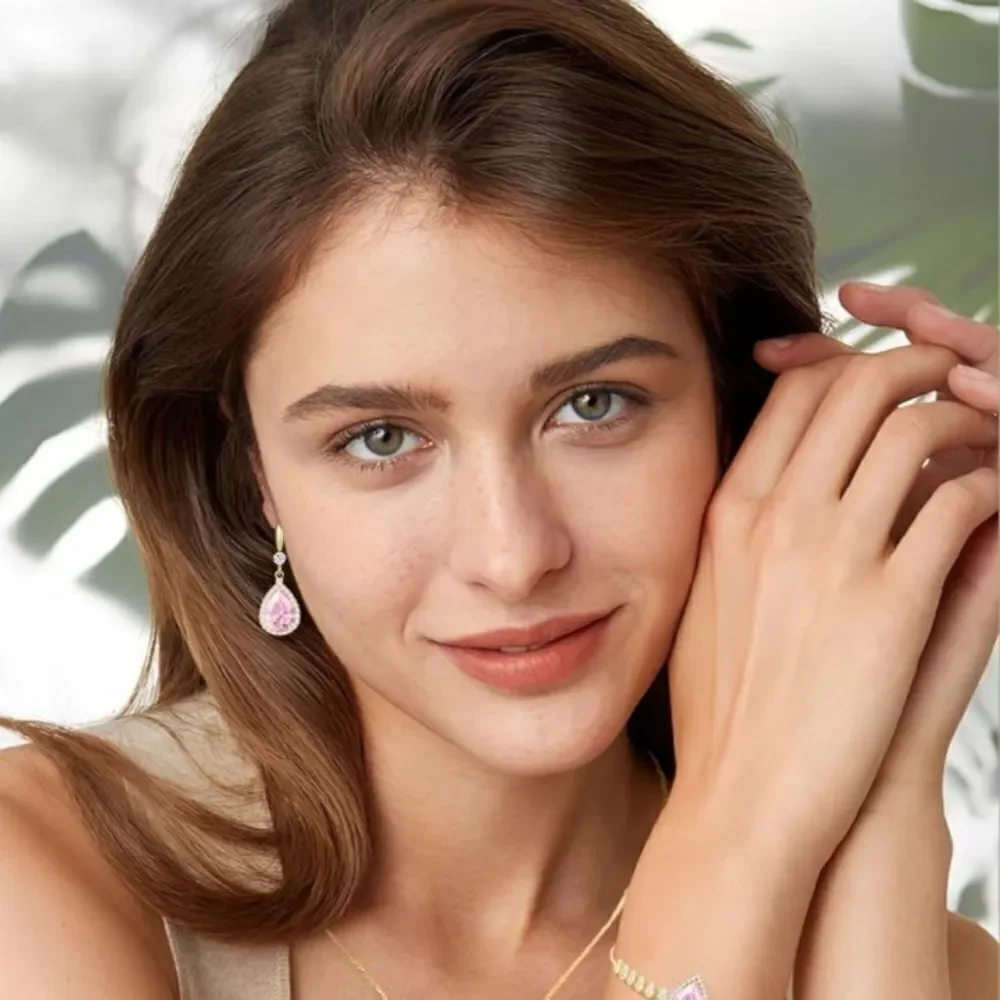 14K Yellow Gold with Pink Sapphire Cubic Zirconia Teardrop Hook Dangle Earrings